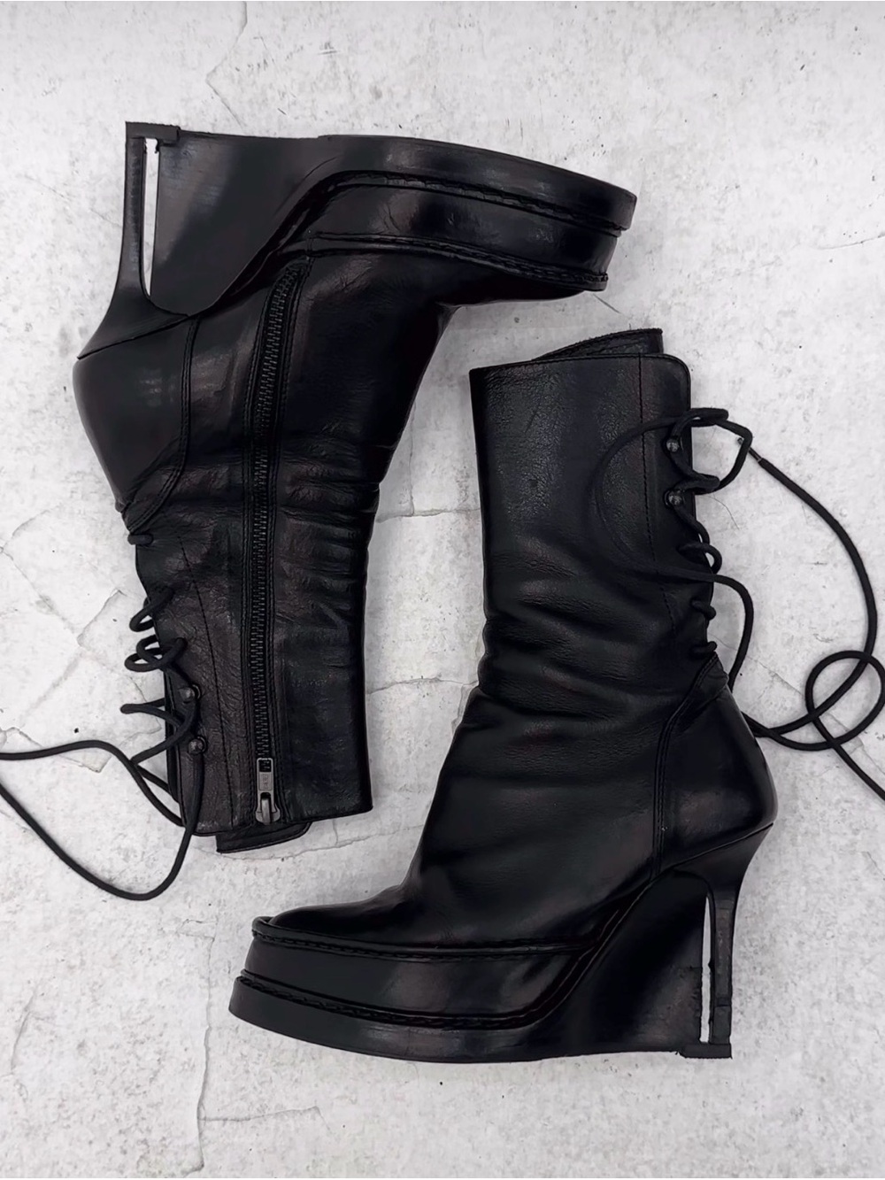 ISO ANN DEMEULEMEESTER WEDGE BOOTS LACE UP BACK